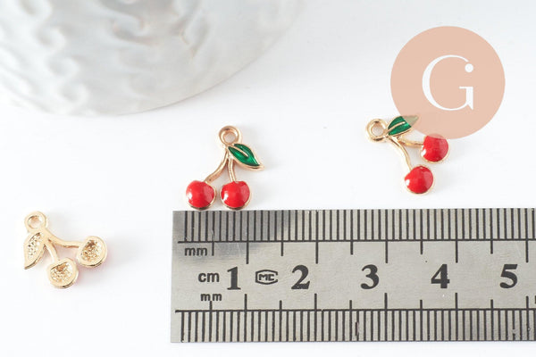 Pendentif cerise doré émaillé rouge zamac doré 13mm x5 (G3307)