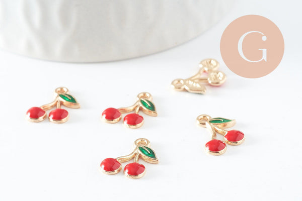 Pendentif cerise doré émaillé rouge zamac doré 13mm x5 (G3307)