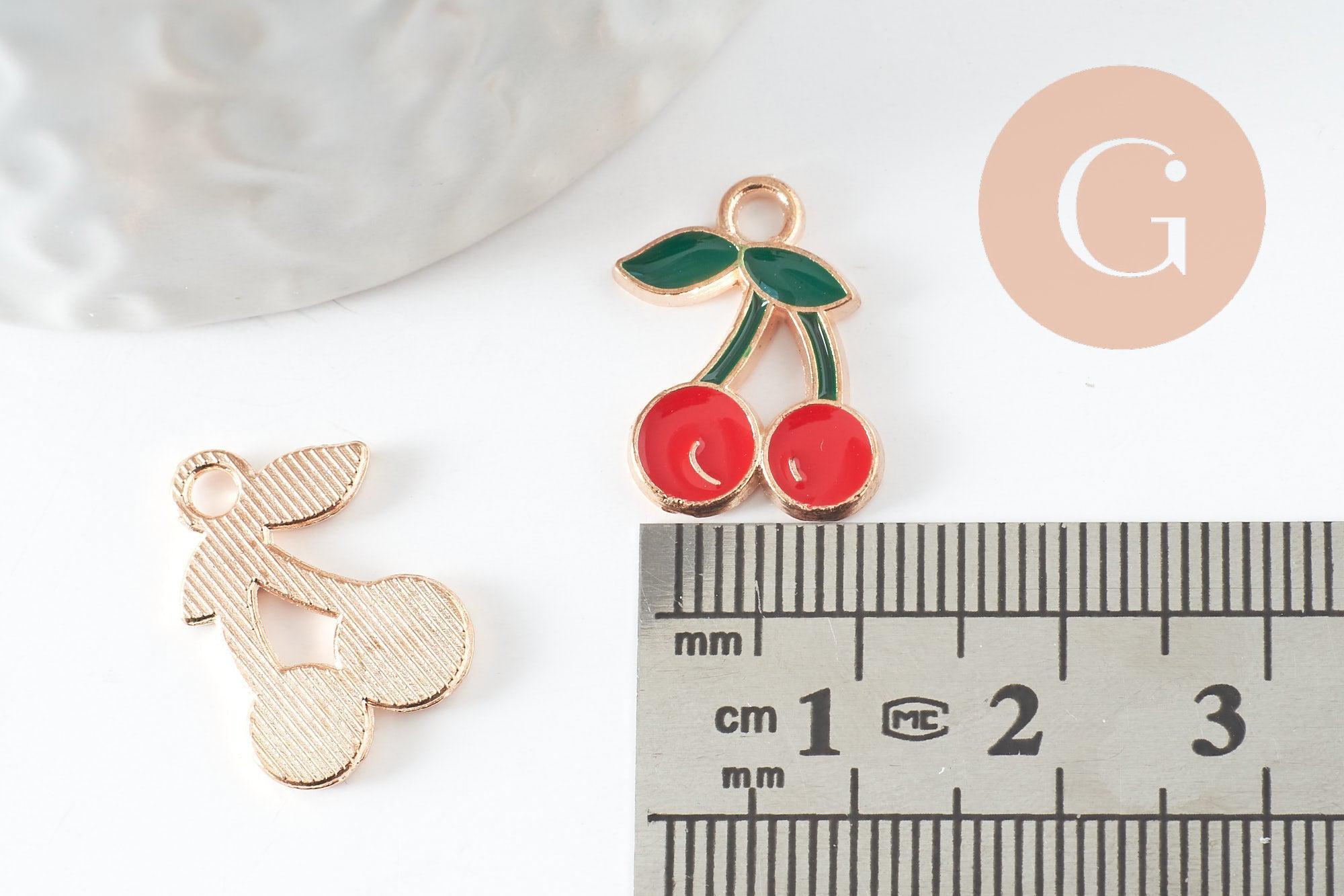 Pendentif cerise zamac doré émaillé rouge 18mm,pendentif fruit création bijoux, x1 (G3513)