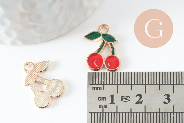 Pendentif cerise zamac doré émaillé rouge 18mm,pendentif fruit création bijoux, x1 (G3513)
