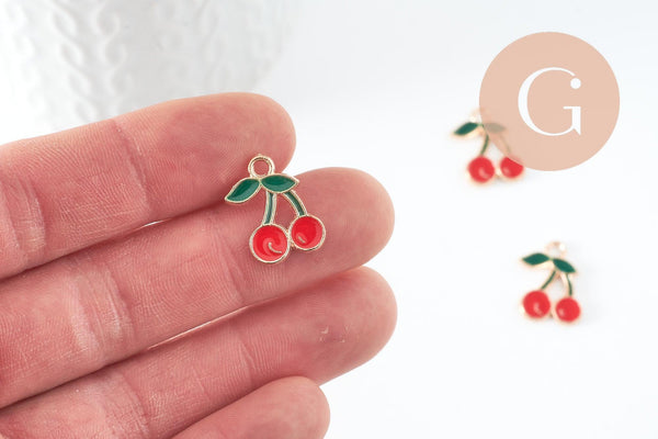 Pendentif cerise zamac doré émaillé rouge 18mm,pendentif fruit création bijoux, x1 (G3513)