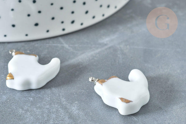 Pendentif chat porcelaine blanc doré laiton platine 24mm, pendentif pour fabrication bijoux, x1 G8062