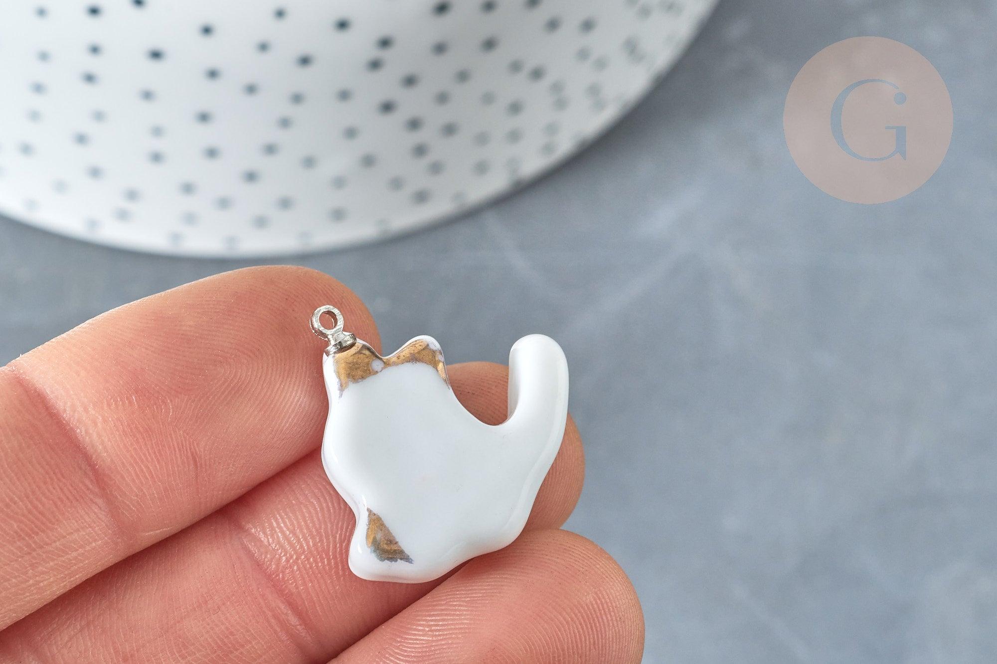 Pendentif chat porcelaine blanc doré laiton platine 24mm, pendentif pour fabrication bijoux, x1 (G8062)