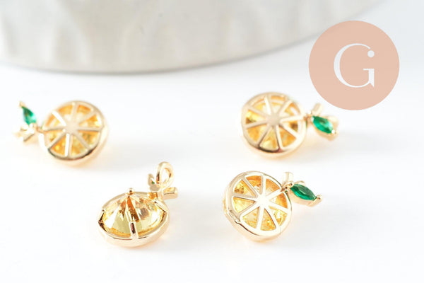 Pendentif citron doré 18K zircons,pendentif fruit création bijoux, pendentif doré, 11.5mm, x1 (G4037)