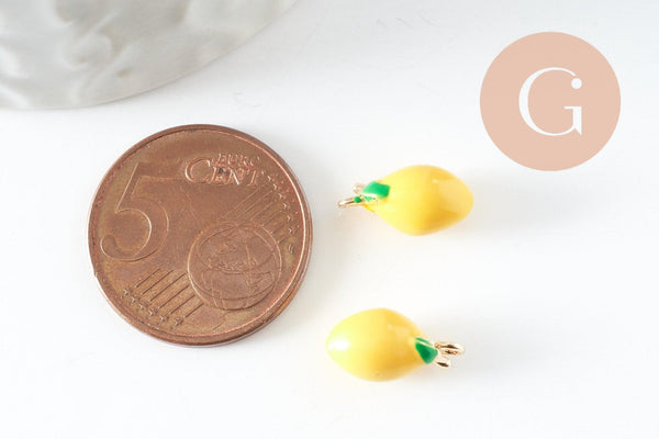 Pendentif citron laiton doré 18K résine jaune 13mm, x1 (G8053)