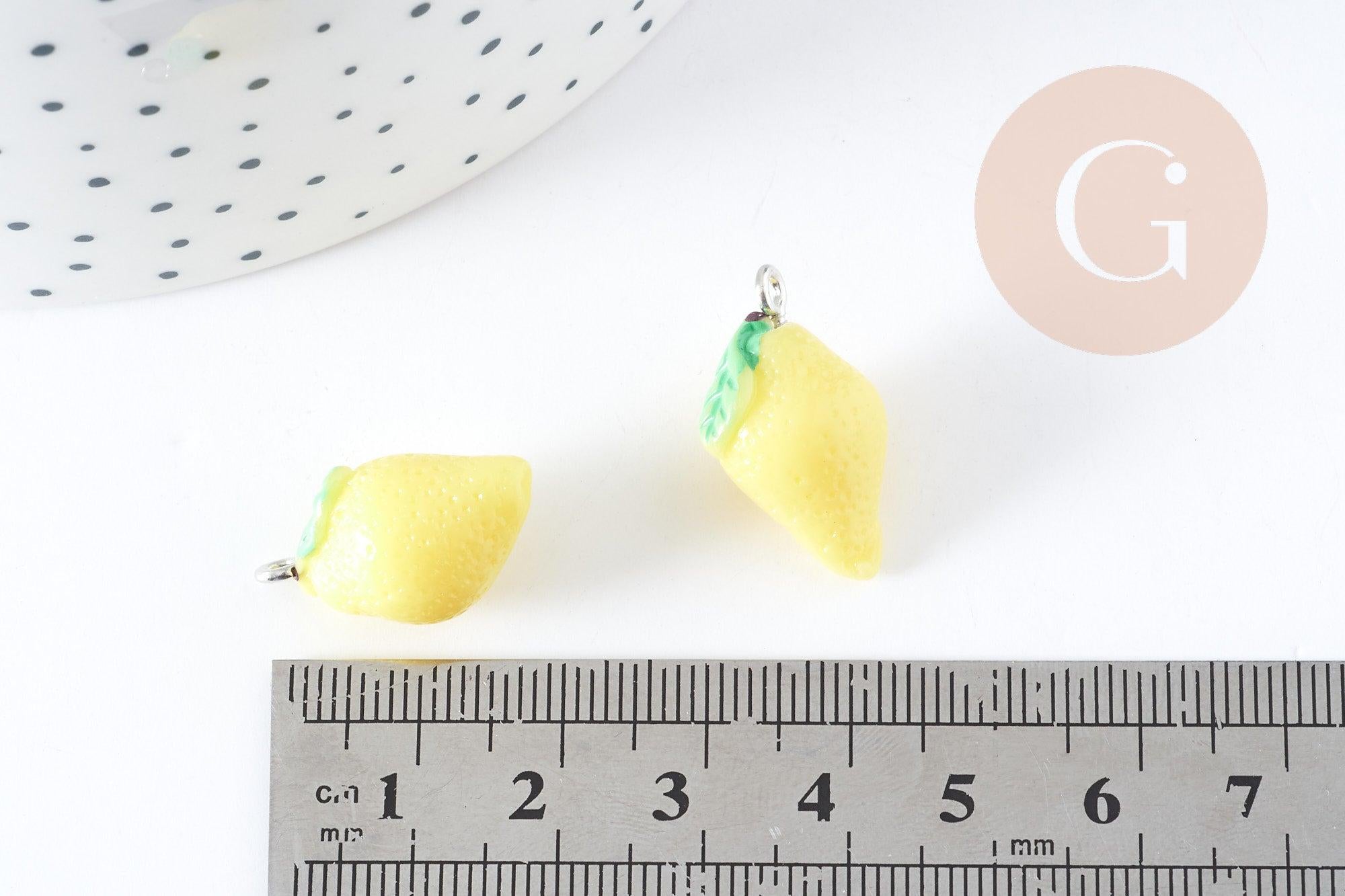 Pendentif citron résine jaune fer platine 20-24mm, x1 (G8949)