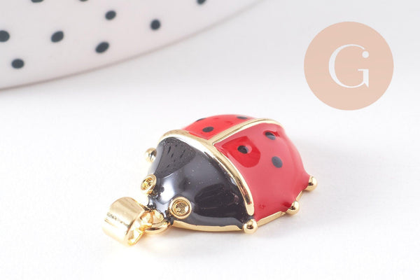 Pendentif coccinelle laiton doré émaillé rouge 20.5mm, x1 (G10306)