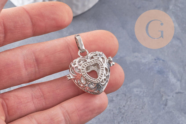 Pendentif coeur Bola carillon d'harmonie laiton argenté, bijoux grossesse, Vendu sans carillon, 35mm, x1 (G3651)