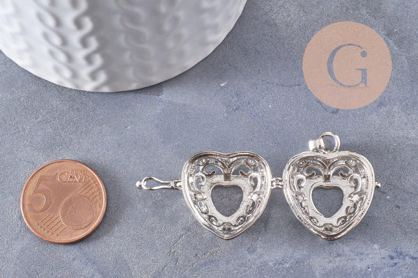 Pendentif coeur Bola carillon d'harmonie laiton argenté, bijoux grossesse, Vendu sans carillon, 35mm, x1 (G3651)