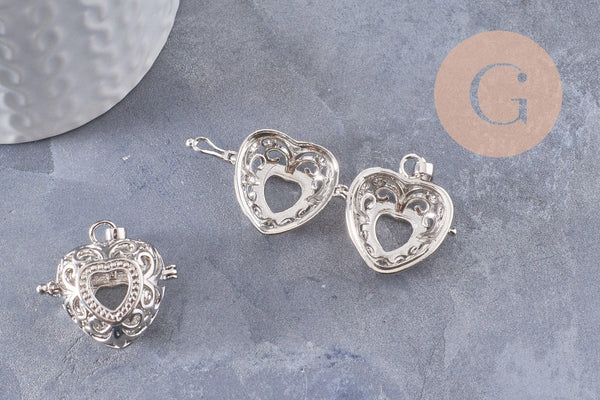 Pendentif coeur Bola carillon d'harmonie laiton argenté, bijoux grossesse, Vendu sans carillon, 35mm, x1 (G3651)