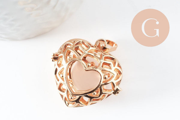 Pendentif coeur Bola harmony carillon laiton doré, bijoux de création grossesse, Vendu sans carillon, 35mm, x1 (G5974)