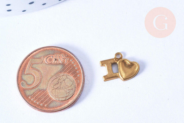 Pendentif coeur I Love laiton brut 13mm, x2 (G6511)