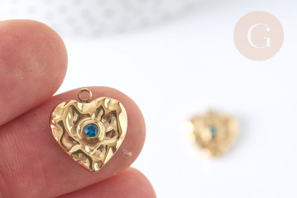 Pendentif cœur acier 304 inoxydable doré zircon bleu 15mm ,creation bijoux acier, x1 G7370