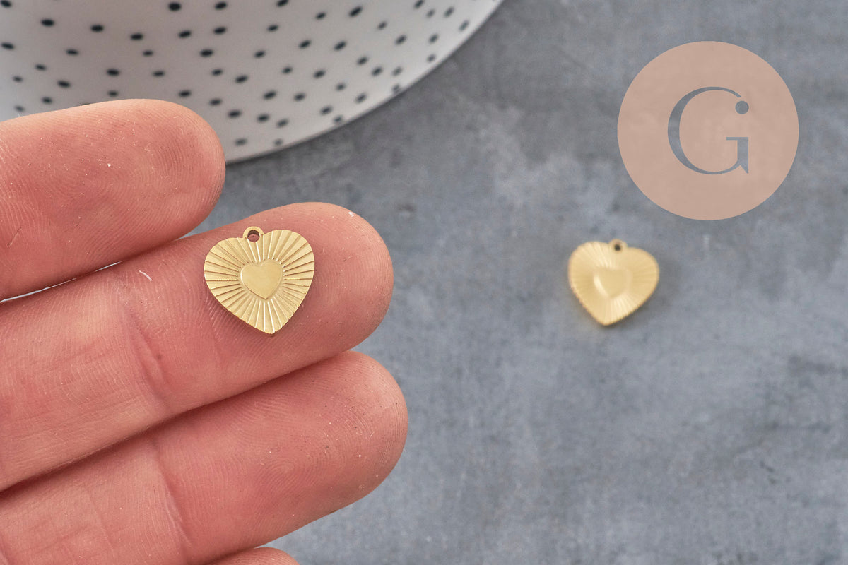 Pendentif coeur acier 316 inoxydable doré IP 12mm, x1 (G11360)-Breloques et pendentifs-Gingerlily Perles