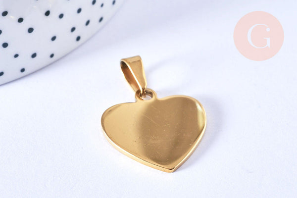 Pendentif cœur acier inoxydable 304 doré à graver 26mm, x1 (G6879)