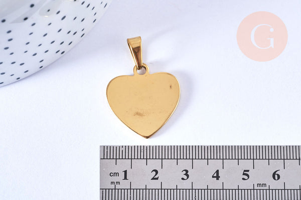 Pendentif cœur acier inoxydable 304 doré à graver 26mm, x1 (G6879)