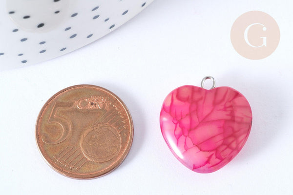 Pendentif cœur agate craquelée brésilienne violet-rose fer argenté 22mm, x1 G7926