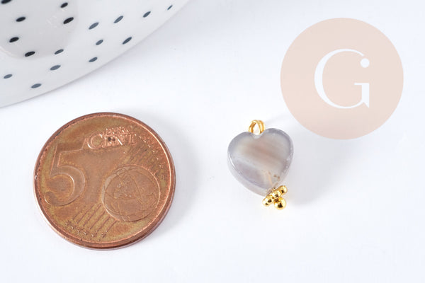 Pendentif cœur agate grise naturelle laiton doré 15.5mm, x1 (G8645)