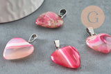 Pendentif coeur agate naturelle rose acier argenté 23mm, x1 (G4050)