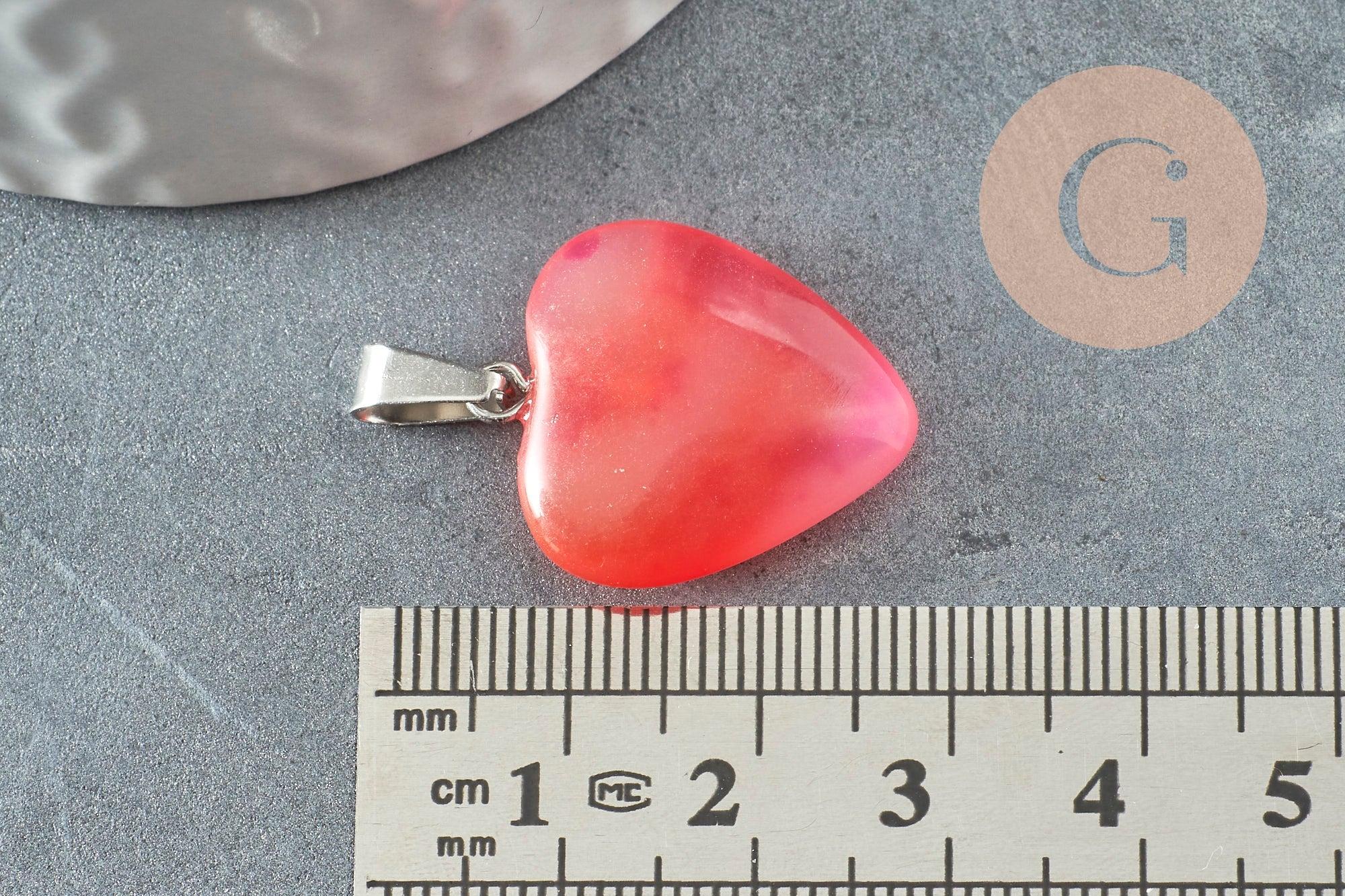 Pendentif coeur agate naturelle rose acier argenté 23mm, x1 (G4050)