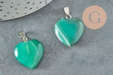 Pendentif coeur agate naturelle verte acier inoxydable platine 23mm, x1 G3991