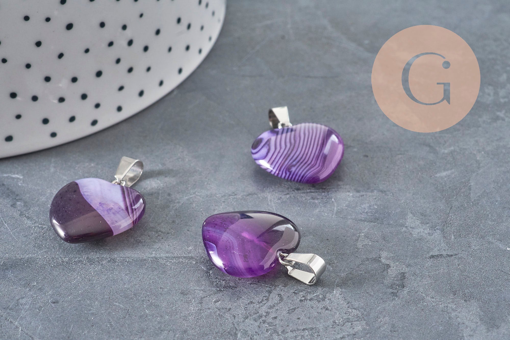 Colgante corazón ágata natural violeta acero plateado 23mm, x1 (G11263)