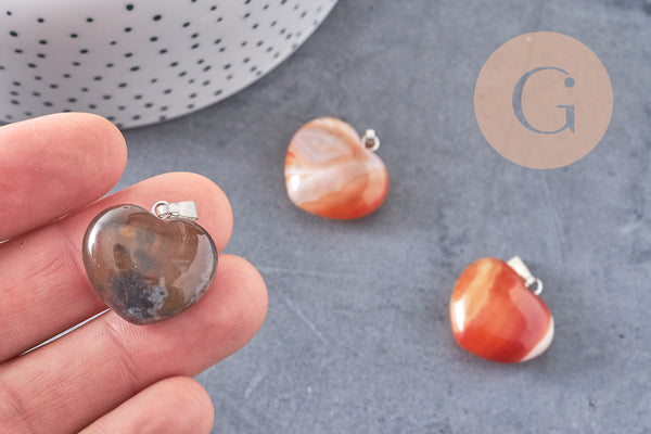 Pendentif coeur cornaline naturelle laiton argenté, pendentif pierre cornaline naturelle, bijoux en pierre naturelle, 23mm, x1 G5583