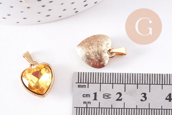 Pendentif coeur cristal coloré acier 304 inoxydable doré 16.5mm, x1 (G10704)