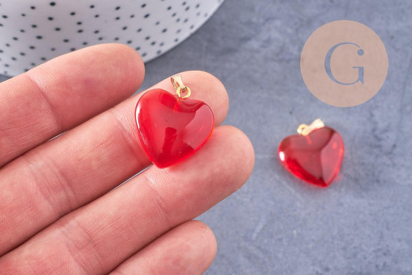 Pendentif coeur doré carats verre rouge transparent fer doré 22mm, x1 (G6207)