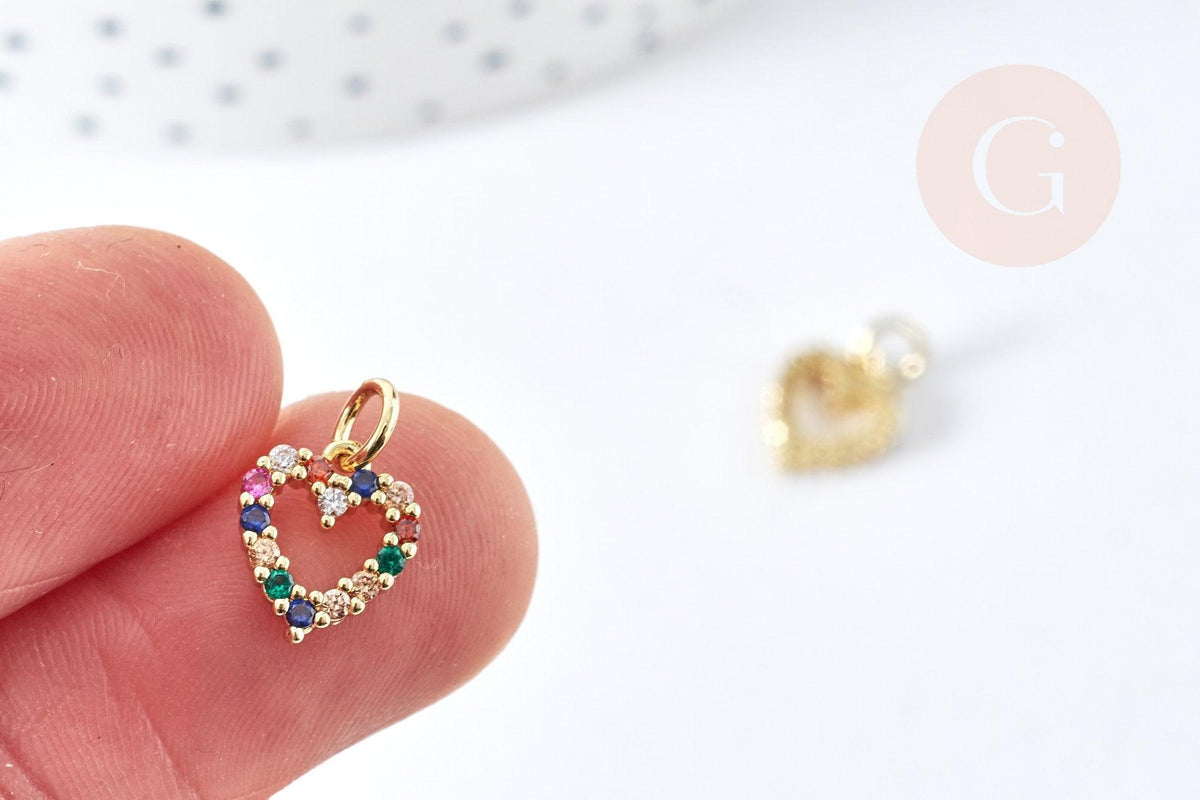 Pendentif coeur doré cristal zircons multicolores 10.5mm, pendentif laiton doré amour création bijoux, x1 G8519
