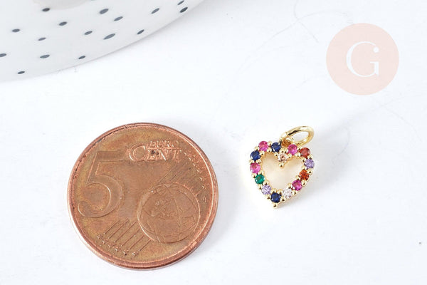 Pendentif coeur doré cristal zircons multicolores 10.5mm, pendentif laiton doré amour création bijoux, x1 G8519