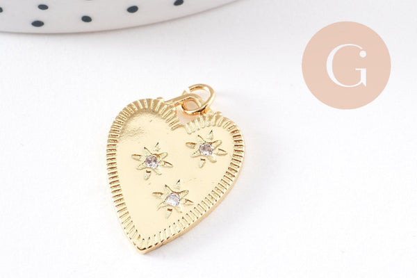 Pendentif coeur émail laiton doré 18K et zircon 24mm, x1 (G10158)