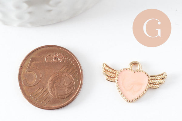 Pendentif coeur email rose doré , fournitures créatives, pendentif coeur aile,creation bijoux,coeur doré, pendentif doré,21mm,x 5 (G0104)