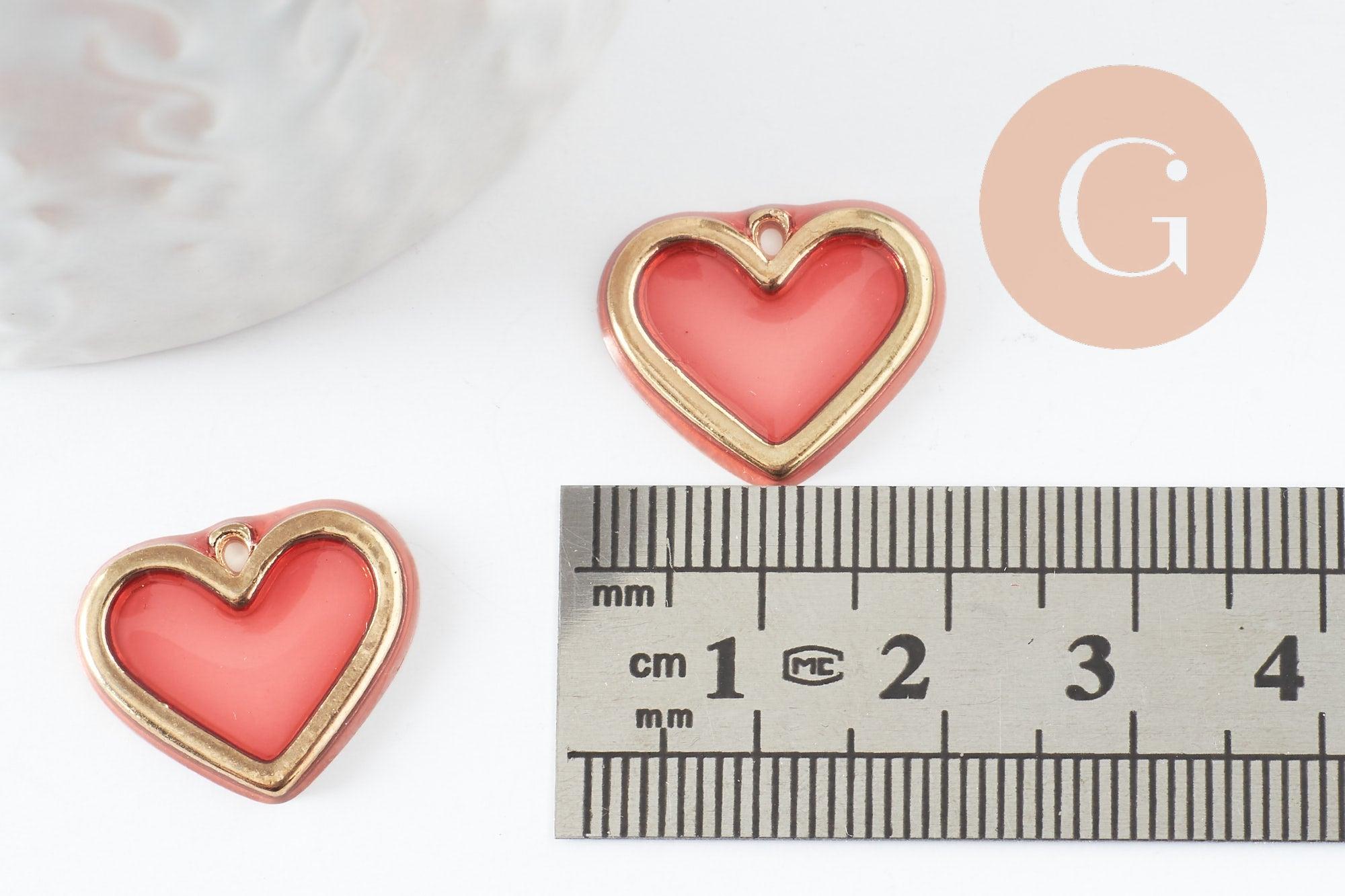 Pendentif coeur en zamac doré résine rose, pendentif amour pour création bijoux, pendentif doré, 18mm,x 2 (G3275)