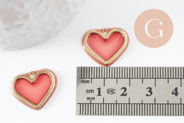 Pendentif coeur en zamac doré résine rose, pendentif amour pour création bijoux, pendentif doré, 18mm,x 2 (G3275)