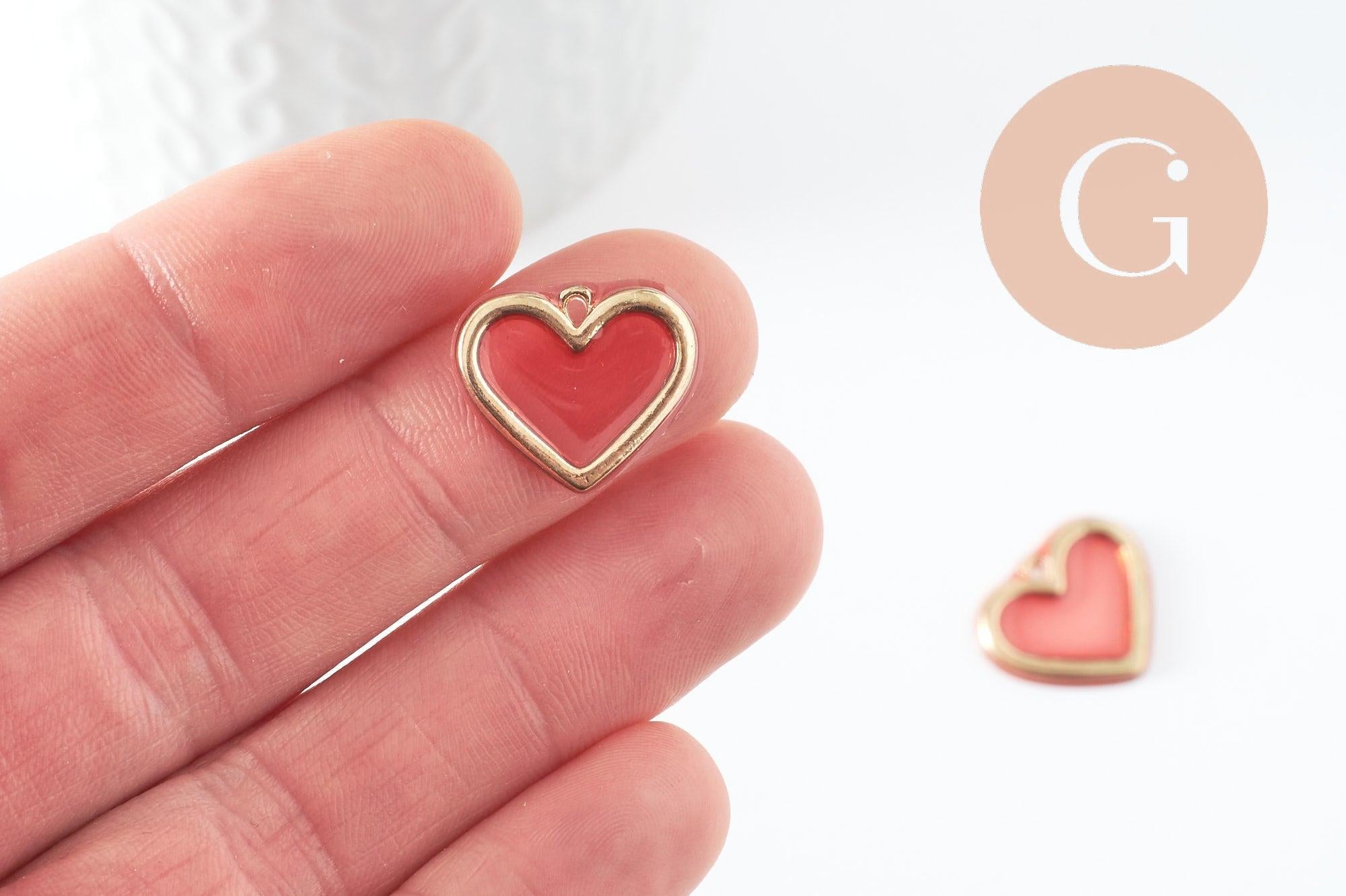 Pendentif coeur en zamac doré résine rose, pendentif amour pour création bijoux, pendentif doré, 18mm,x 2 (G3275)