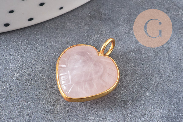 Pendentif coeur gravé pierre naturelle rose naturel argent 925 doré 18K 14mm, x1 (G10843)