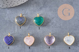 Pendentif coeur gravé pierre naturelle rose naturel argent 925 doré 18K 14mm, x1 (G10843)