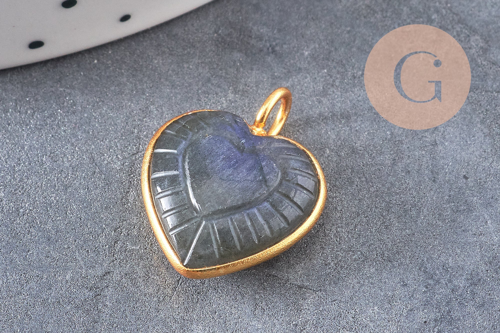 Pendentif coeur gravé pierre naturelle rose naturel argent 925 doré 18K 14mm, x1 (G10843)
