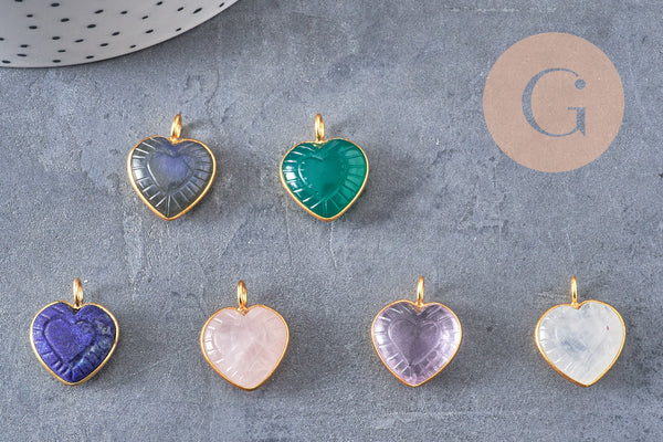 Pendentif coeur gravé pierre naturelle rose naturel argent 925 doré 18K 14mm, x1 (G10843)