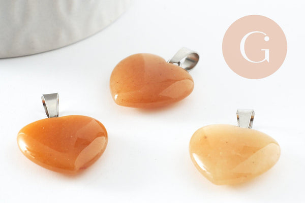 Pendentif coeur jade topaze jaune acier inoxydable platine 22mm, pendentif bijoux pierre, jade naturel x1 G9534