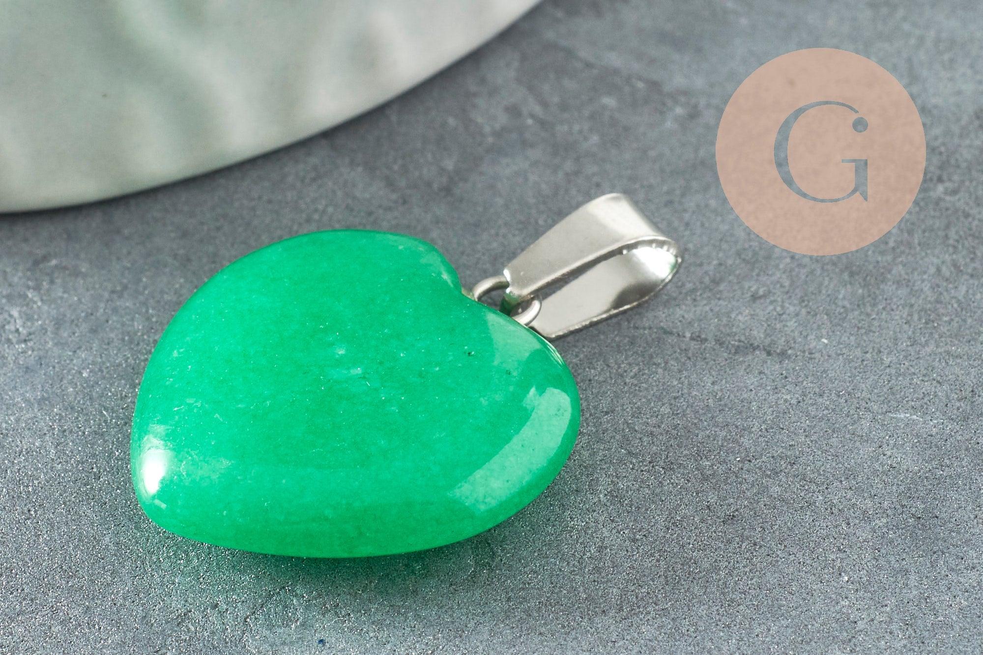 Pendentif coeur jade vert platine 22mm, pendentif bijoux pierre, jade naturel x1 G3117