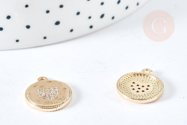 Pendentif cœur laiton doré 14K et cristal zircon 16mm,pendentif laiton amour pour création bijoux, x1 G8520