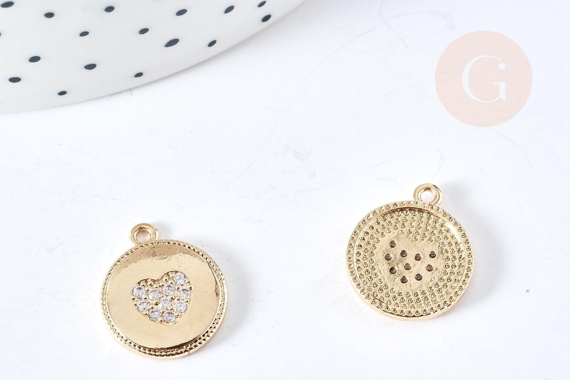 Pendentif cœur laiton doré 14K et cristal zircon 16mm,pendentif laiton amour pour création bijoux, x1 G8520
