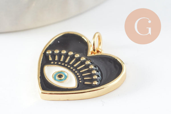 Pendentif coeur laiton doré 18K émail noir, création bijou mauvais oeil protecteur,18x19mm, x1 (G5017)