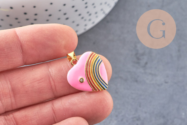 Pendentif coeur laiton doré 18K émaillé arc-en-ciel,21mm, x1 (G4649)