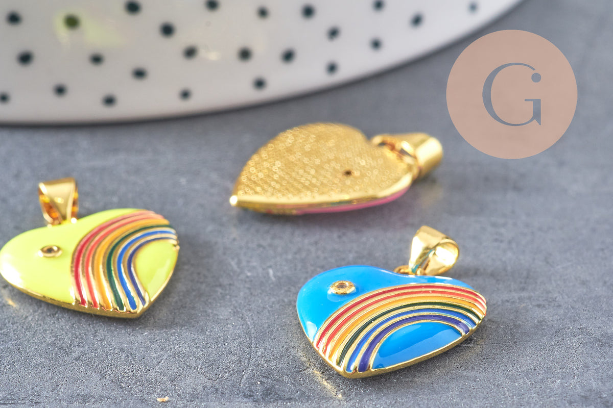 Pendentif coeur laiton doré 18K émaillé arc-en-ciel,21mm, x1 (G4649)