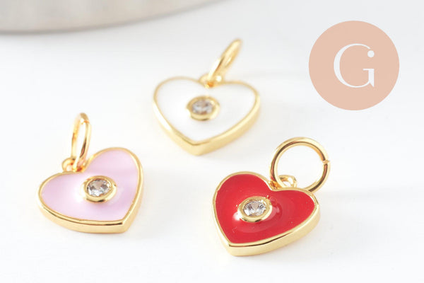 Pendentif coeur laiton doré émaillé et zircon 9x9mm ,pendentif doré,coeur doré, pendentif laiton doré, x1 (G3578)