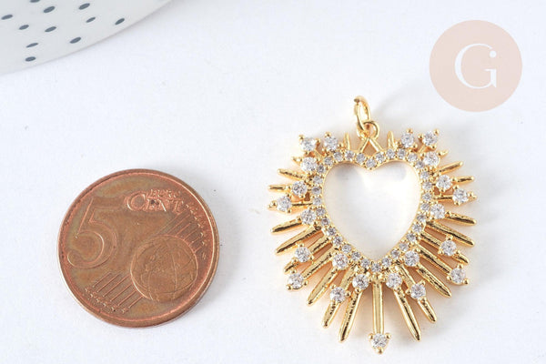 Pendentif cœur laiton doré et cristal zircon anneau jonction 32mm, x1 (G7382)