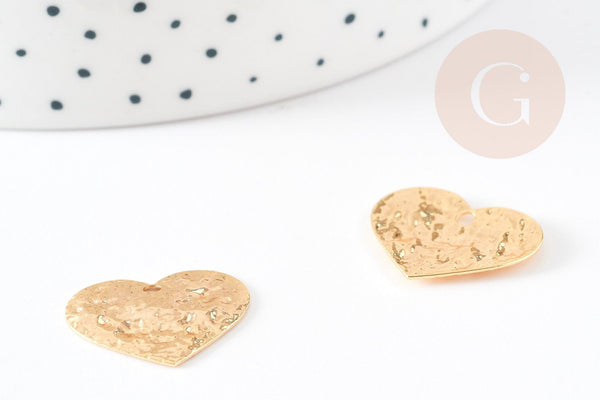 Pendentif coeur martelé laiton doré 18K, pendentif géométrique texturé création bijoux, 20x17mm, x2 G3302